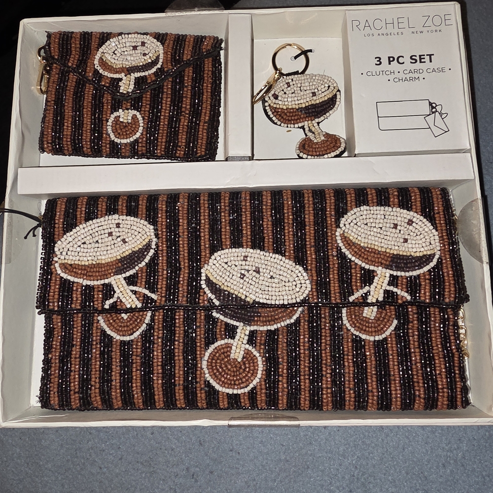 Rachel Zoe Beaded Clutch Set - Brown and Cream